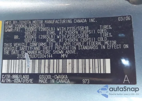 2007 Lexus Rx 350 z USA, uszkodzony, nr VIN 2T2GK31UX7C004144